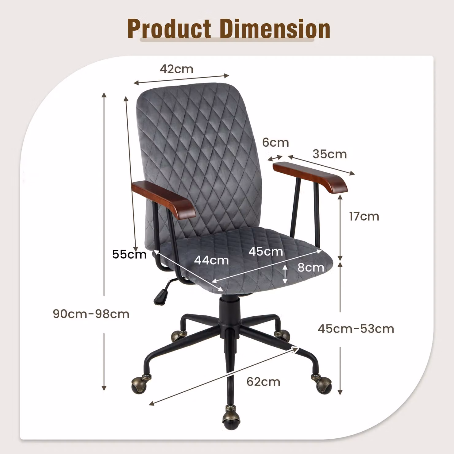 Costway Grey Velvet Swivel Task Chair with Armrests and Castors for Home Office – 4