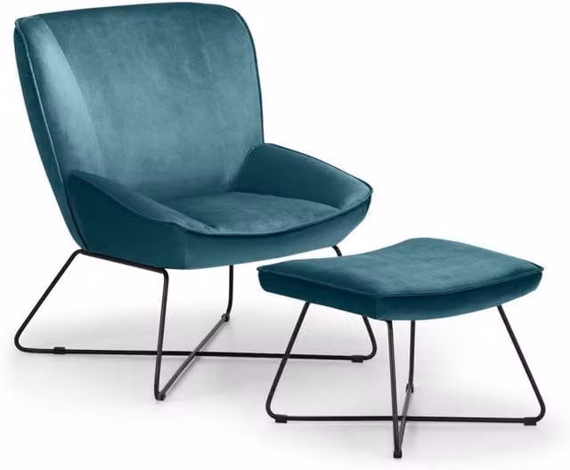 Ashfield Modern Velvet Accent Chair and Ottoman with Metal Frame in Petrol Blue and Black