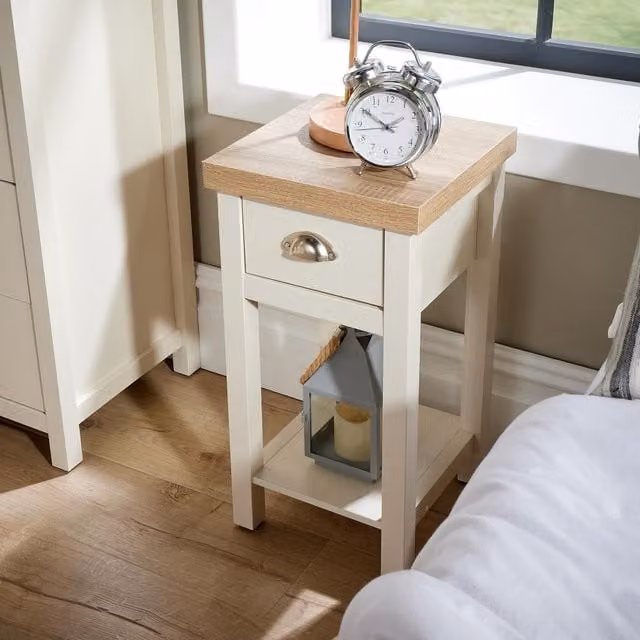 Home Source Avon 1 Drawer Slim Bedside Table Storage Unit in Off-White, W/D/H: 32 x 32 x 60 cm