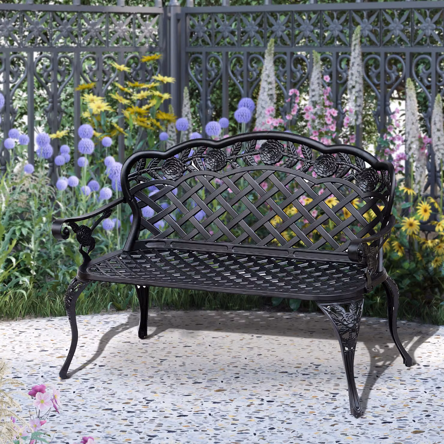 Outsunny Antique Style 2 Seater Cast Aluminium Garden Bench with High Back and Armrests, Black – 2