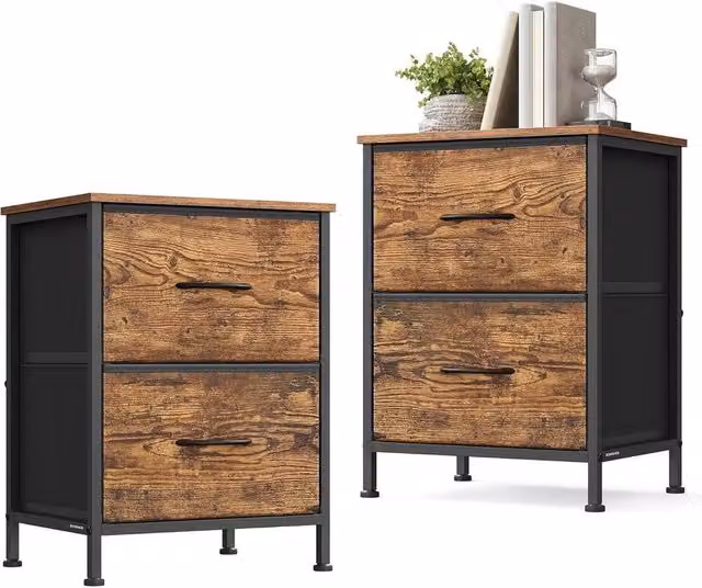 FORGEVIO Industrial 2 Drawer Bedroom Bedside Side Table in Brown and Multicolour
