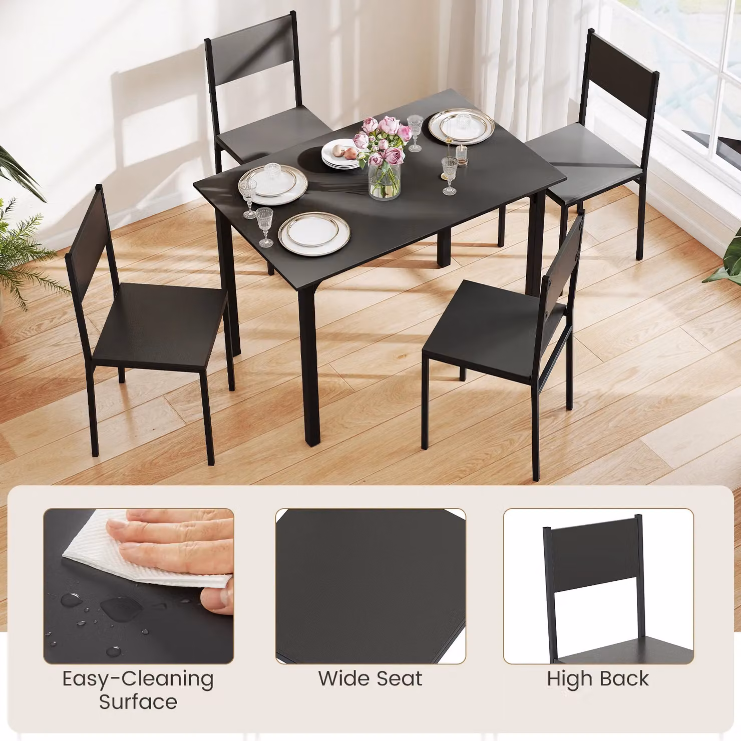 Costway 5-Piece Industrial Dining Set with Rectangular Wood Table and 4 Chairs in Grey and Black – 7