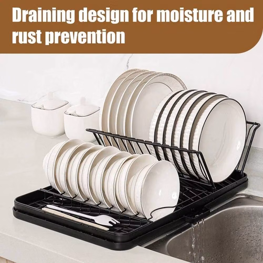 FLAVORA Large Dish Drainer Drying Rack and Utensil Holder in Black Carbon Steel – 6