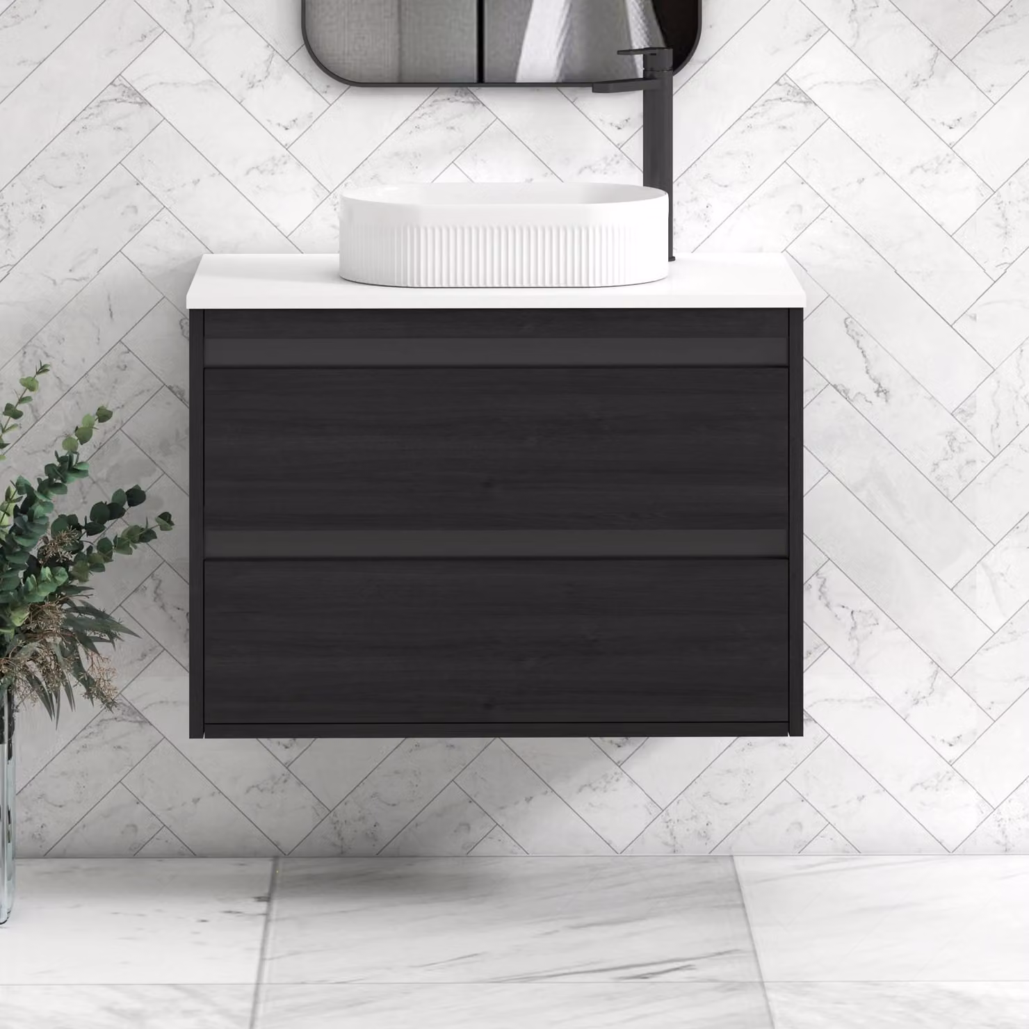 Royal Bathrooms Orion 800mm Hale Wall Hung Vanity Unit with Lyon Basin and 2 Drawers in White and Black