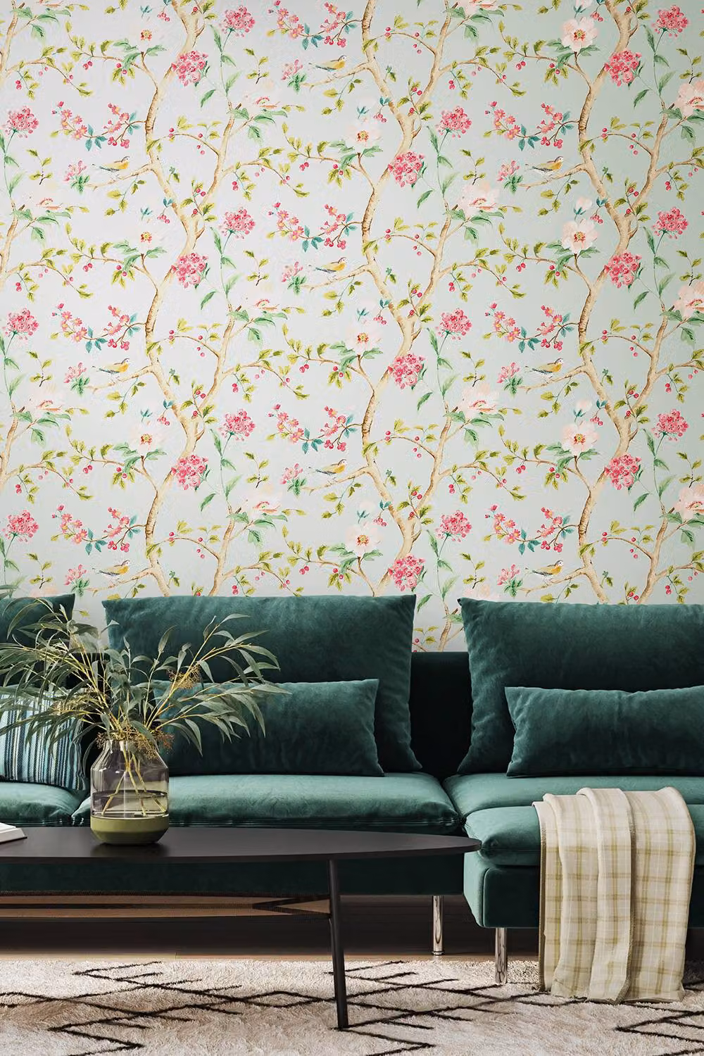 Hoopla Walls Bird Song Seafoam and Rose Wallpaper in Duck Egg Blue, 10m Roll – 2