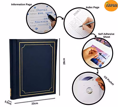 Arpan Set of 3 Self-Adhesive Photo Albums with 108 Sheets and 216 Sides in Blue Padded Leather Style Finish – 6