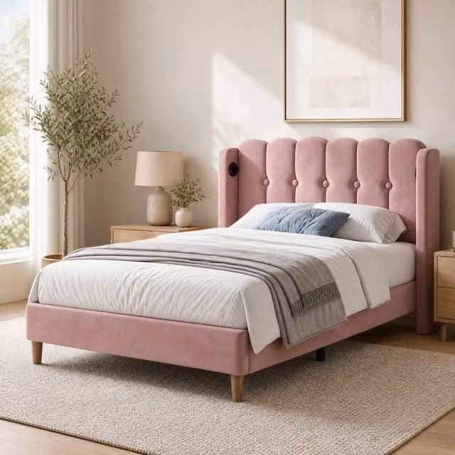 STILVORA Pink Velvet Upholstered Single Bed Frame with USB Charging Port, W/D/H: 90 x 190 cm – 1