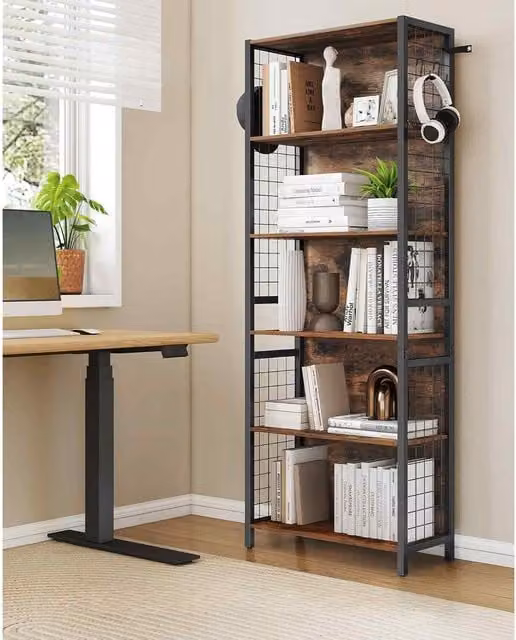 The Bazaarist 6 Tier Industrial Bookcase with 4 Hooks in Rustic Brown and Ink Black