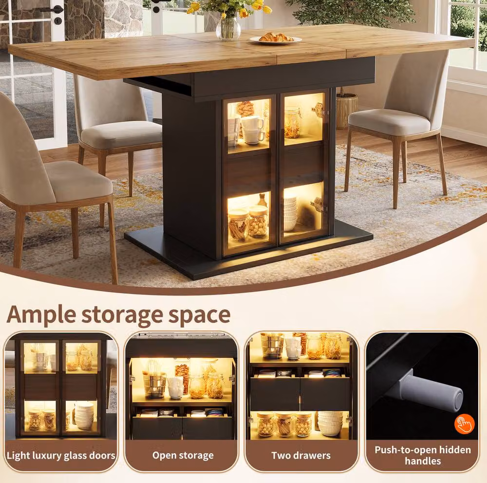 STILVORA Extendable Rectangular Dining Table with Storage and LED Lighting in Black – 4