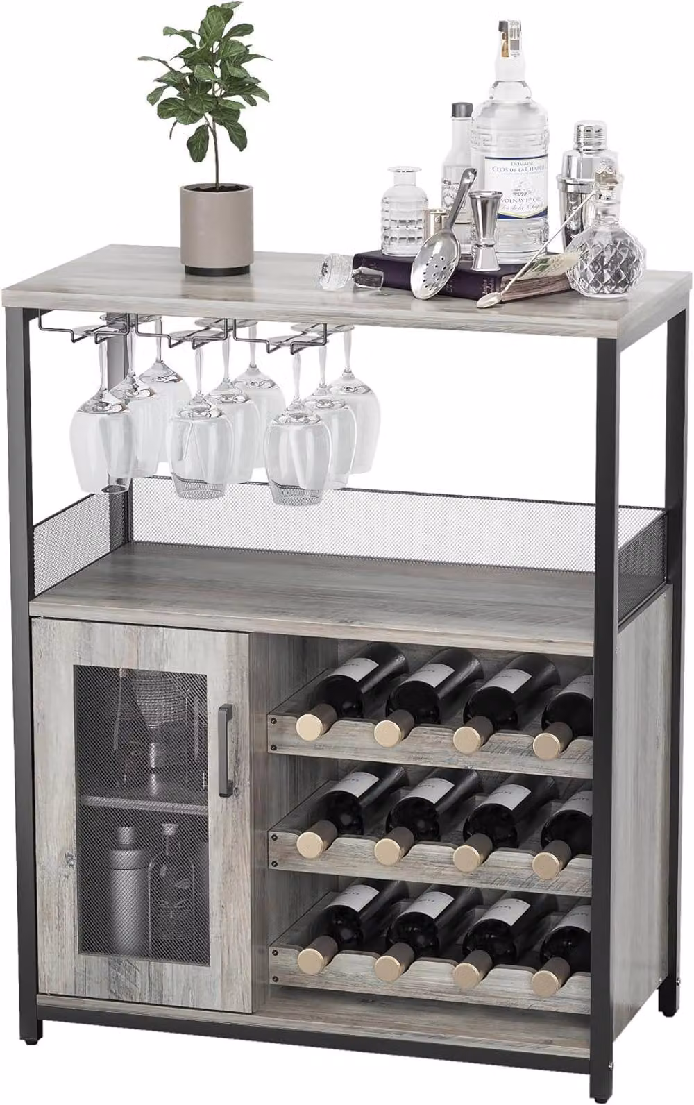 London Boutique 3-Tier Modern Wine Bar Cabinet and Sideboard with Glass Holder in Grey – 5