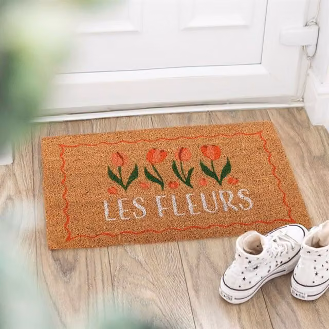 KDMK Natural Les Fleurs Tulip Coir Doormat with Floral Decor in Brown, Red and Orange