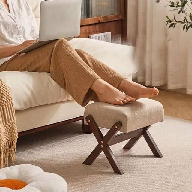 Havendro Small Padded Footstool and Shoe Changing Stool in Beige with Wood Frame