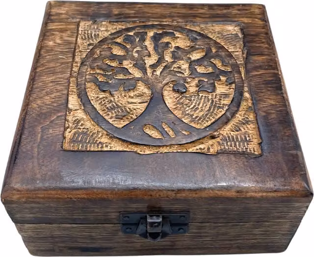 KDMD Square Wooden Tree of Life Keepsake Box with Lid, Brown, W/D/H: 13 x 13 x 6 cm