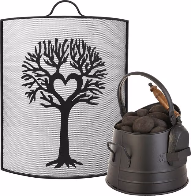 Dibor Traditional Tree Fire Screen and Fireguard with Black Coal Bucket and Shovel, Black, H: 67 cm, W: 53 cm