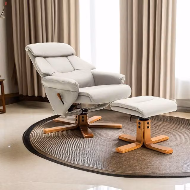 Livingandhome Modern Swivel Relax Recliner Chair with Ottoman in White and Brown Synthetic Leather