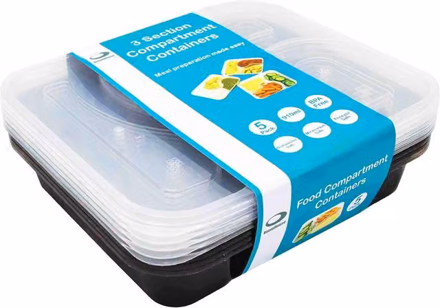 Round House Black Plastic 5 Compartment Snap Lid Containers, Microwave, Freezer and Dishwasher Safe