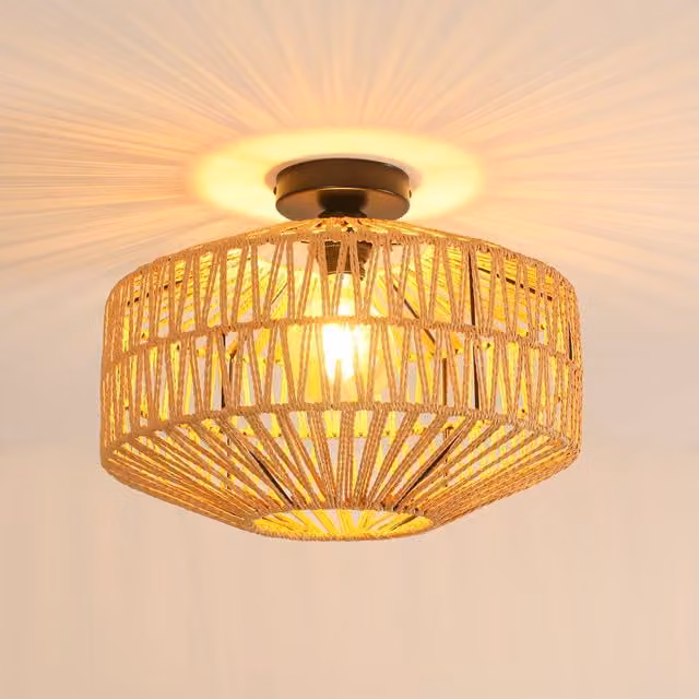COMELY Vintage Rattan and Iron Pendant Ceiling Light in Brown