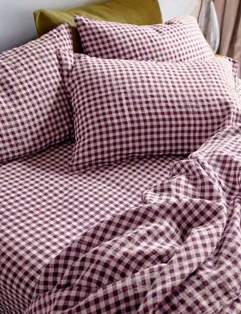 Piglet In Bed Linen Rich Gingham Checked Fitted Sheet in Purple Mix, W: 180 cm, D: 200 cm