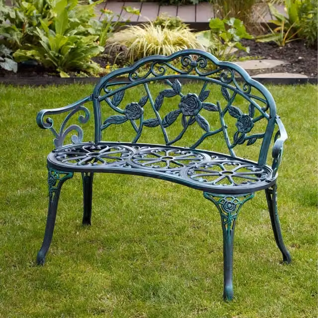 Home Source Classic Floral Lacquered Metal Garden Bench in Green