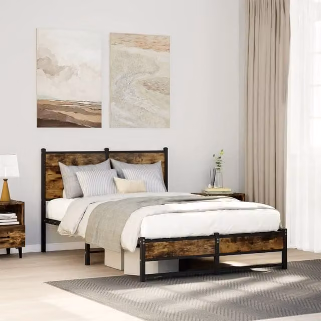 Berkfield Home Metal Bed Frame in Smoked Oak Brown, W/D/H: 120 x 190 cm