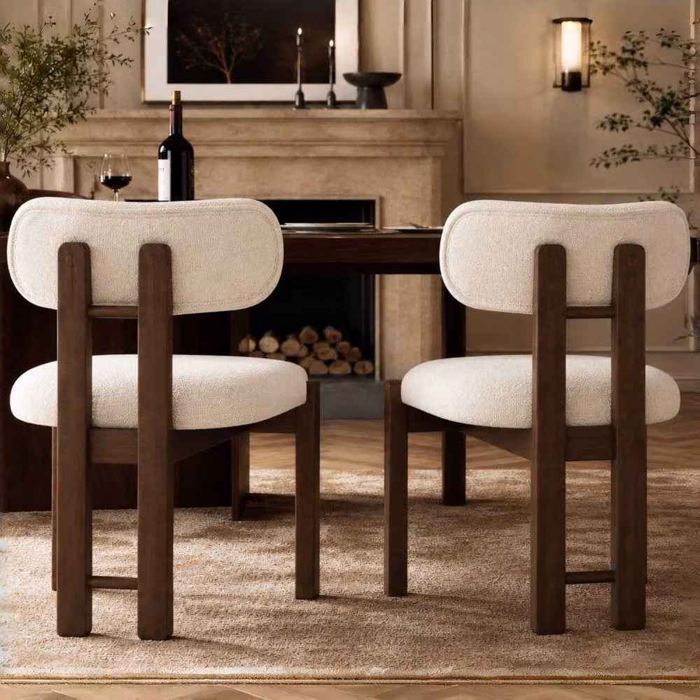 Rolipo Set of 4 Modern Solid Wood Dining Chairs in Walnut Finish with Brown and Beige Boucle Fabric – 4