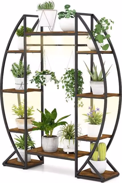 Gymax 10-Tier Corner Metal Indoor Plant Stand with Grow Lights in Brown
