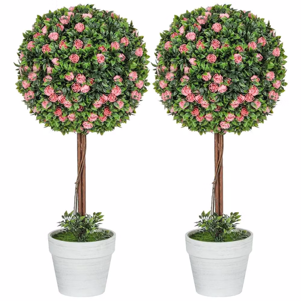 Wyld Haus Roviyo Set of 2 Pink Artificial Rose Topiary Ball Trees in Pots, Height: 60 cm – 2