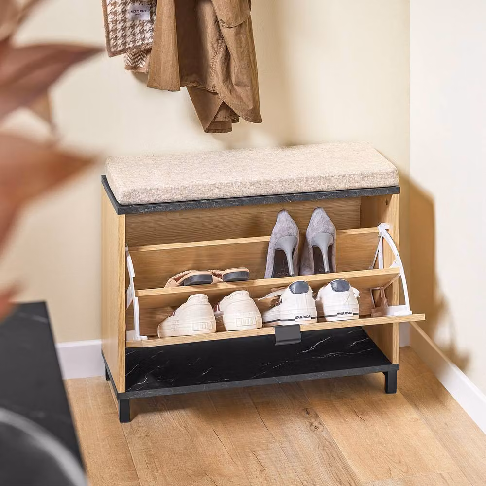 SoBuy Modern Striped Shoe Rack with Upholstered Fabric Seat in Beige and Black – 4