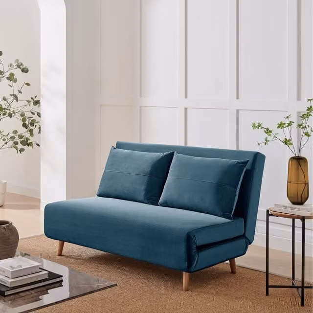 FurnitureboxUK Bobby Blue Velvet Upholstered Double Click-Clack Folding Sofa Bed with Solid Wood Frame
