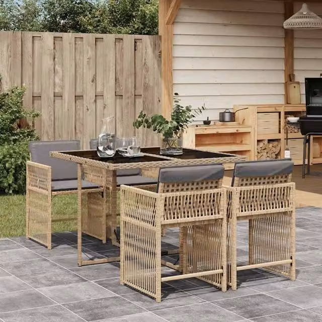 Berkfield Home Garden Dining Set in Beige with Light Grey Cushions – 1