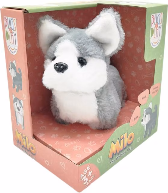 Pugs at Play Milo Interactive Walking Dog Plush Toy in White and Grey
