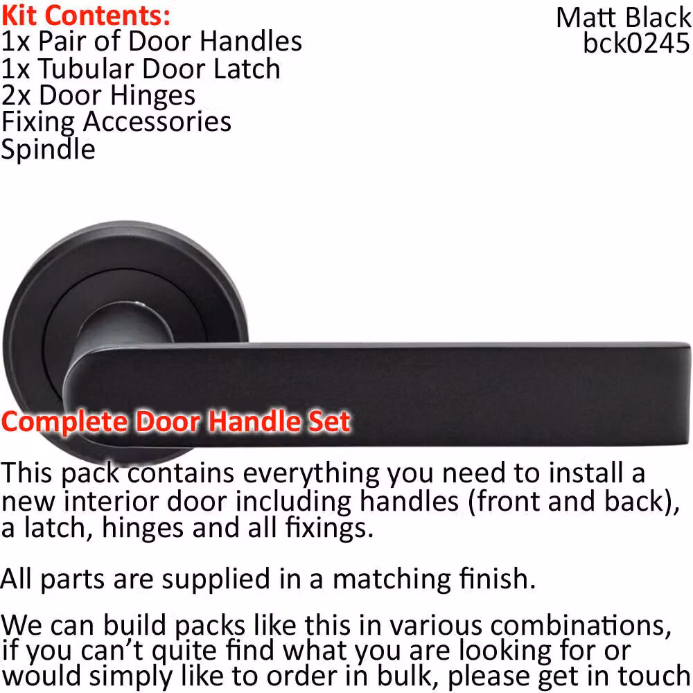 Loops Matt Black Rectangular Lever Door Handle and Latch Pack with Screwless Round Rose – 2