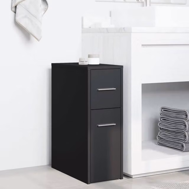 Berkfield Home Narrow Bathroom Cupboard with Wheels in Black Matt MDF, W/D/H: 22.0 x 44.0 x 61.5 cm