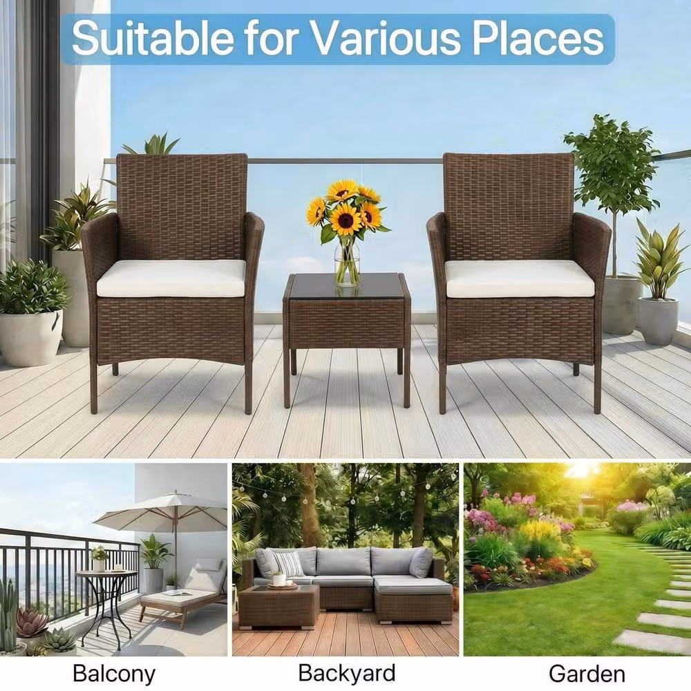 Alivio Modern Brown Polyrattan Bistro Set with 2 Lounge Armchairs, Cushions and Coffee Table – 6
