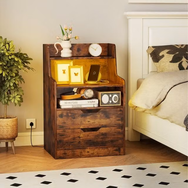 COSTWAY Modern Brown Wood LED Nightstand with Integrated Charging Station