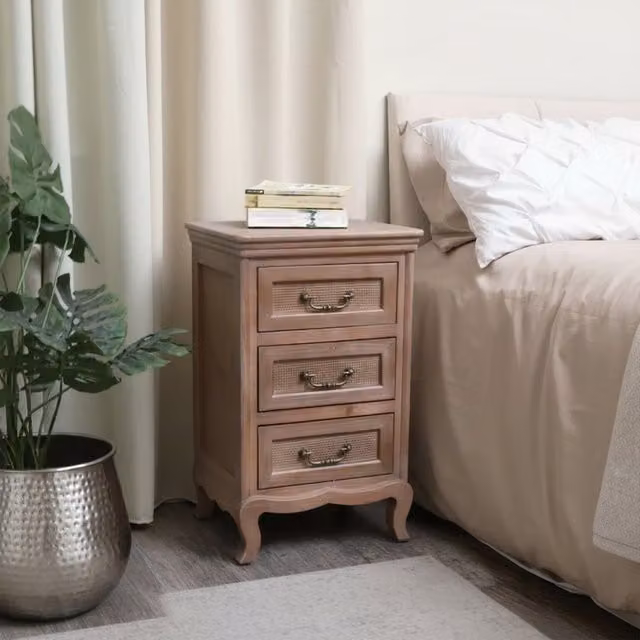 Melody Maison Hessian Range Solid Wood 3 Drawer Bedside Table in Brown