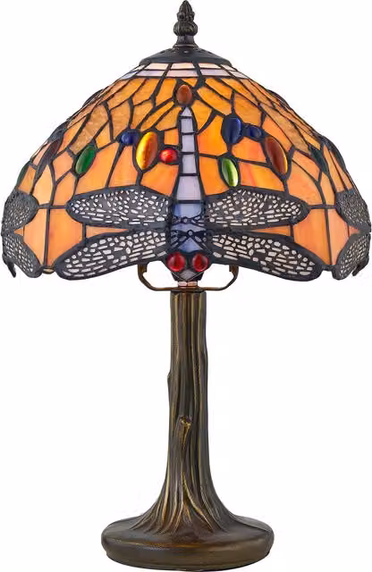 First Choice Lighting Chaplin Table Lamp with Multicolour Tiffany Decorated Glass Shade in Antique Brass