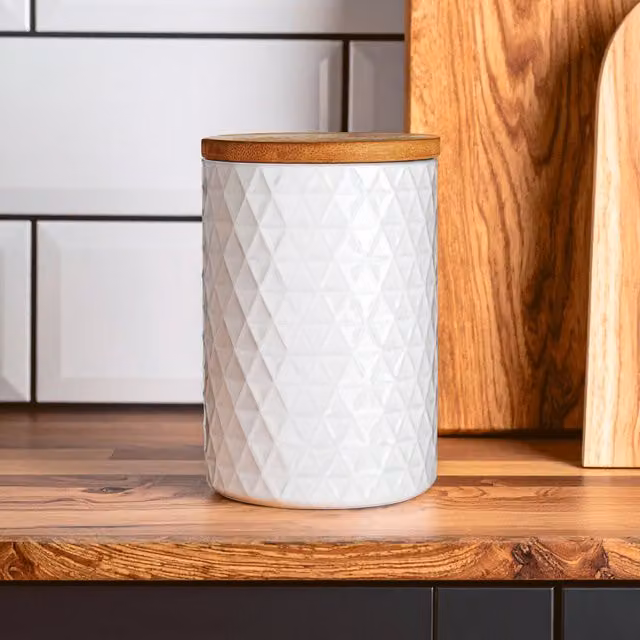 Premier Housewares Geometric White Ceramic Canister with Bamboo Lid, 750 ml