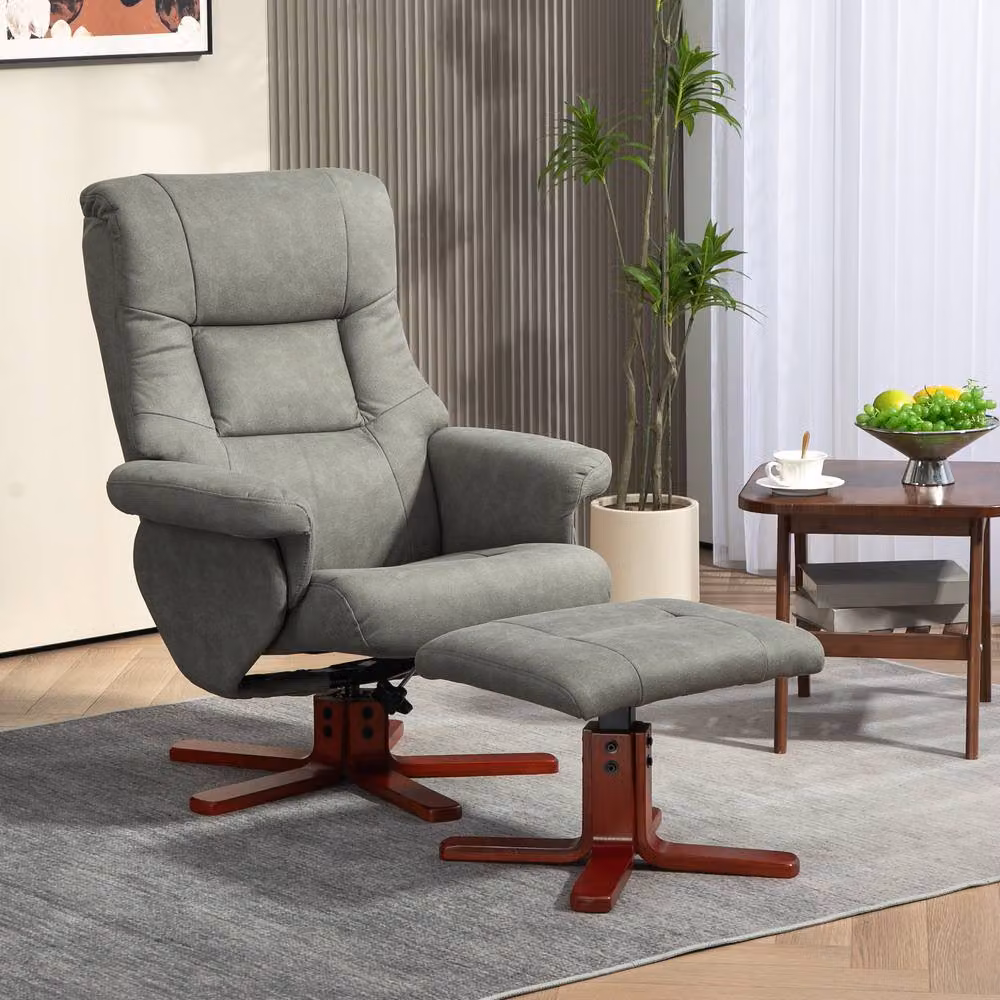 STILVORA Grey Recliner Chair and Footstool Set with Manual Lever and Swivel Function – 3