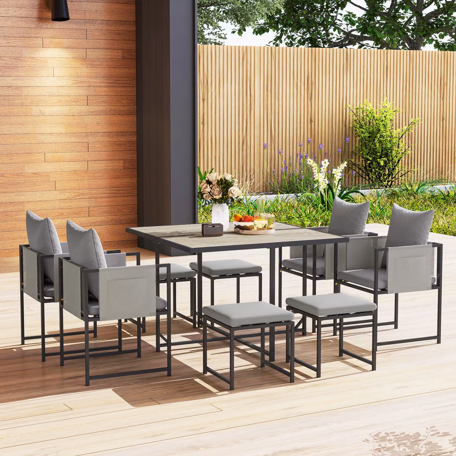 Outsunny Nine-Piece Modern Garden Dining Set with Powder Coated Steel Frame and Plastic Details in Grey – 7