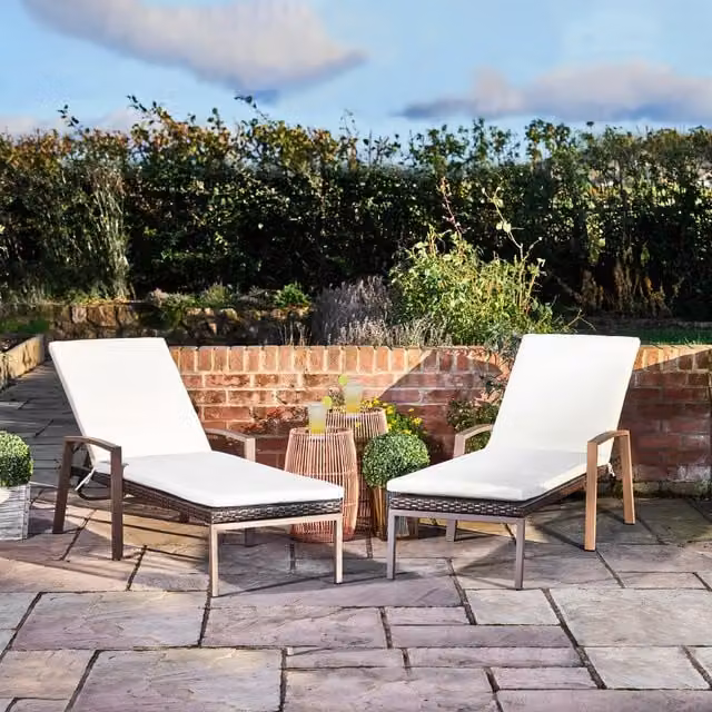 Teamson Home Set of 2 White and Brown Rattan Outdoor Garden Sun Loungers with Adjustable Headrests and Armrests