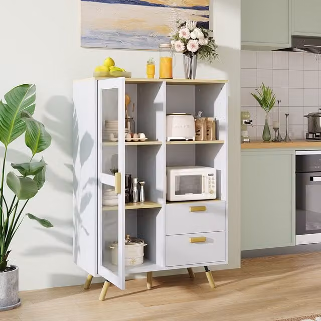 Komore White Scandinavian Display Cabinet with Glass Doors and Drawers