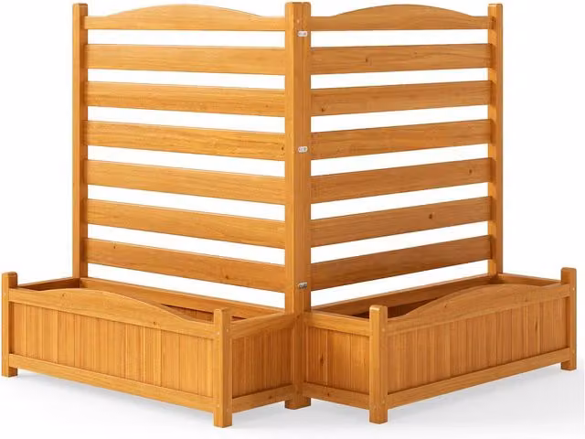 Gymax 2-Panel Wooden Privacy Screen with Planter Box Air Conditioner Fence, Brown, H: 170 cm, W: 101 cm, D: 2 cm – 1