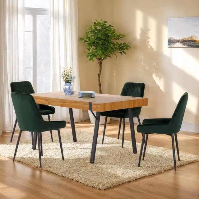 Seconique Treviso and Avery Modern Dining Set with Rectangular Table and Green Velvet Chairs
