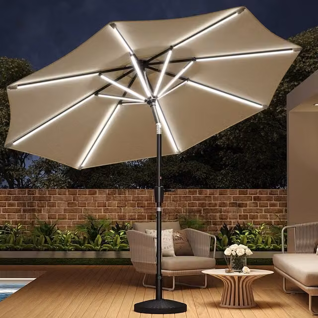 Livingandhome LED Strips Garden Parasol with Round Base in Beige and White