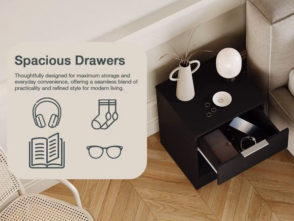 HD Designs Trega 1 Drawer Bedside Cabinet Set of 2, Black – 5
