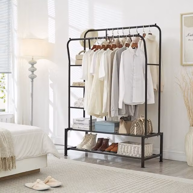 House of Home Matt Black Metal Clothes Rail with Continuous Linear Rail, W: 120 cm, D: 40 cm, H: 115 cm