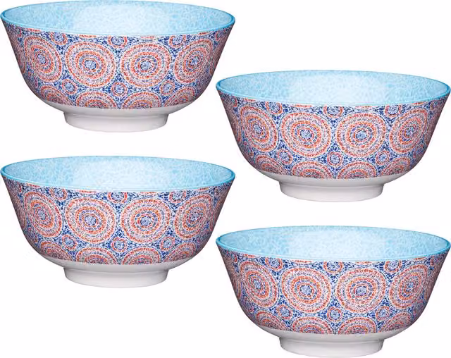 KitchenCraft Set of 4 Geometric Mosaic Style Ceramic Stoneware Bowls in Blue, Red and White
