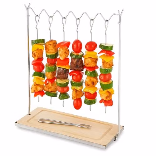 Tower Outdoor Living 6pc Hanging Skewers Set with Stand in Silver Stainless Steel and Wood – 1