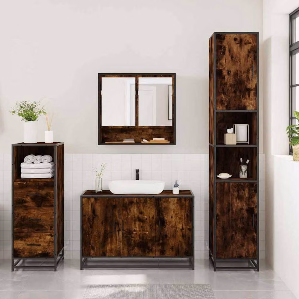 Berkfield Home 3 Piece Industrial Bathroom Furniture Set in Brown Smoked Oak – 3